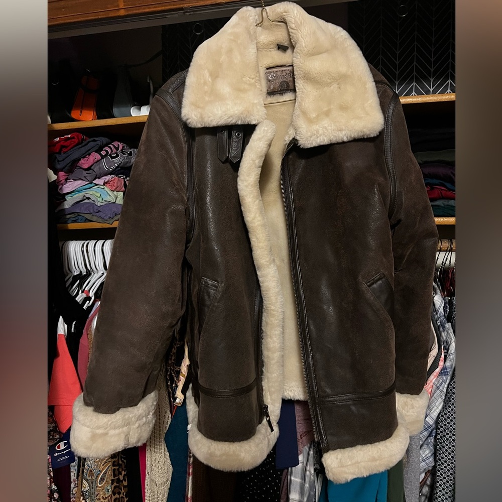 Vintage St. John's Bay Brown Leather Aviator Pilot Jacket with Sherpa Trim Smal